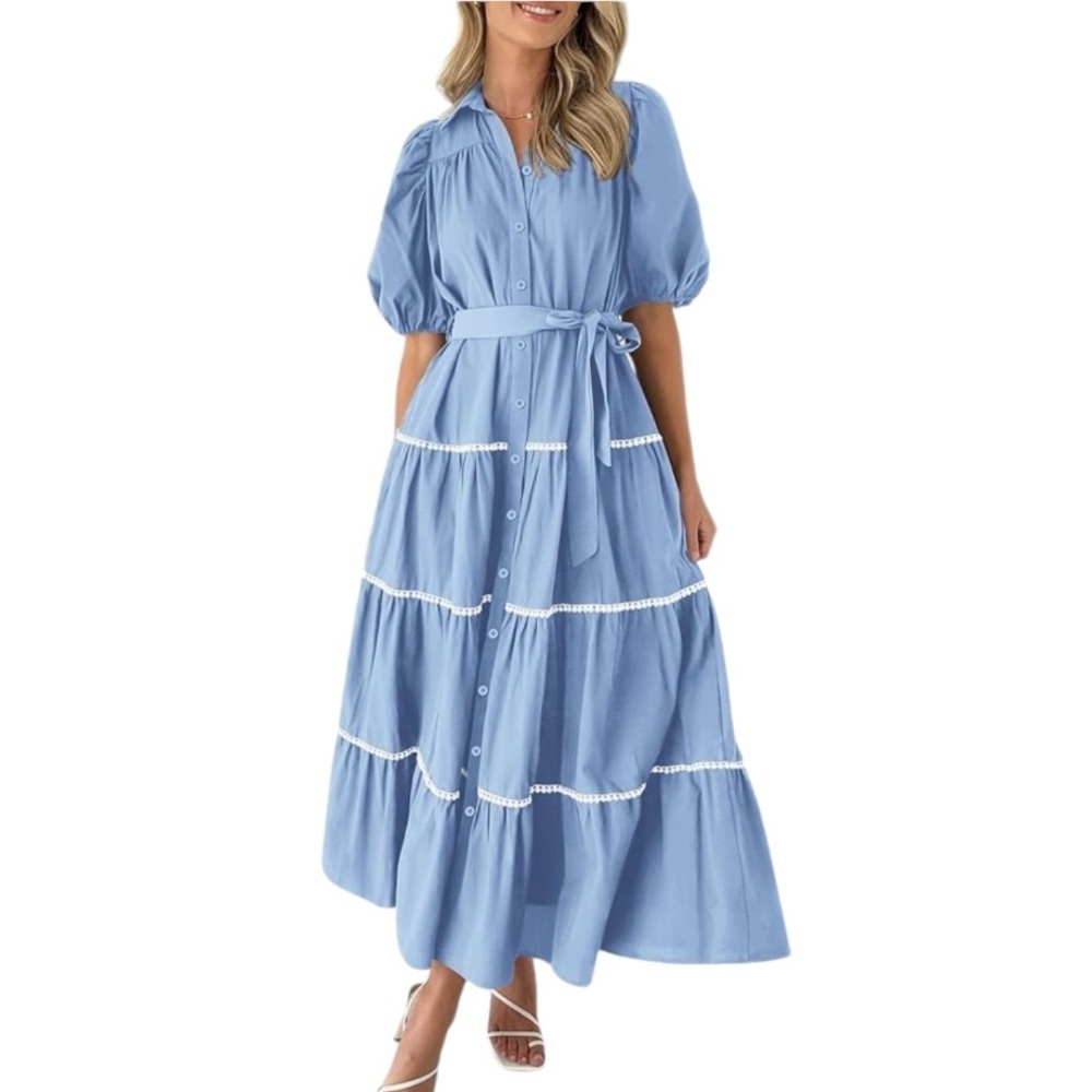 Pretty Garden Button Down Shirt Dress Short Puffy Sleeve Tiered Light Blue - Picture 1 of 8